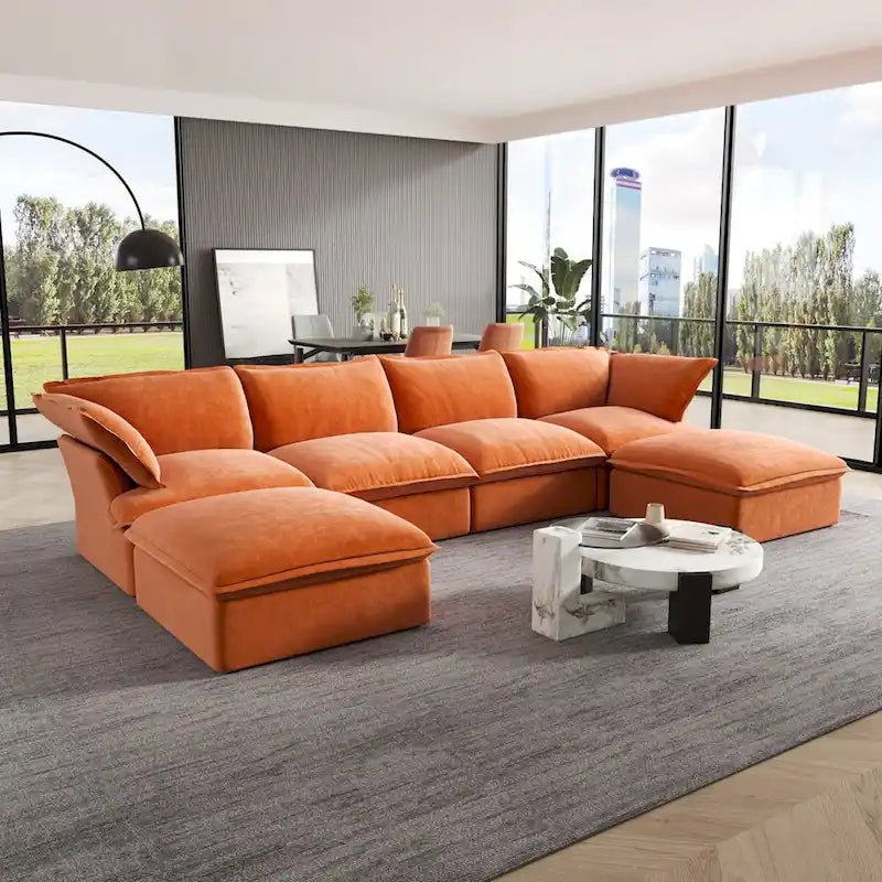 U-förmiges Samt Cloud Schnittsofa, Daunenfeder breite tiefe Sitzfläche umwandelbare Couch mit 2 Aufbewahrungs-Ottomanen.