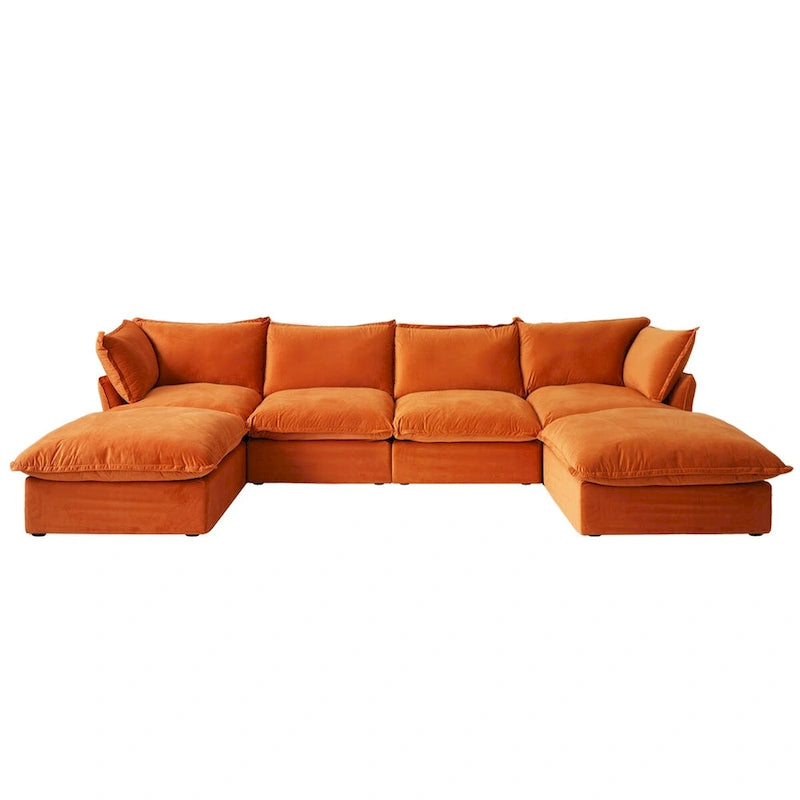 U-förmiges Samt Cloud Schnittsofa, Daunenfeder breite tiefe Sitzfläche umwandelbare Couch mit 2 Aufbewahrungs-Ottomanen.