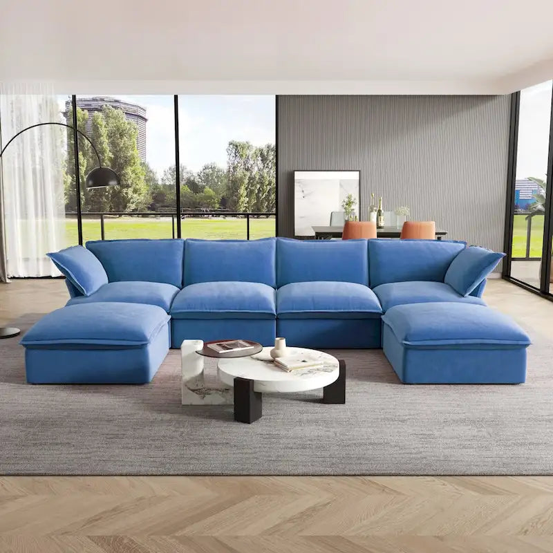U-förmiges Samt Cloud Schnittsofa, Daunenfeder breite tiefe Sitzfläche umwandelbare Couch mit 2 Aufbewahrungs-Ottomanen.