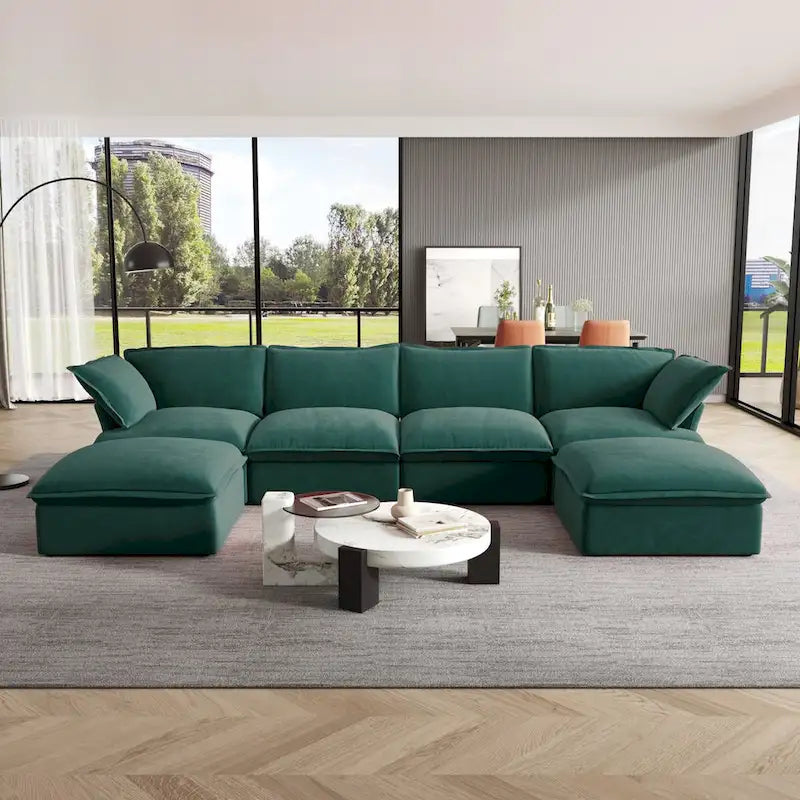 U-förmiges Samt Cloud Schnittsofa, Daunenfeder breite tiefe Sitzfläche umwandelbare Couch mit 2 Aufbewahrungs-Ottomanen.