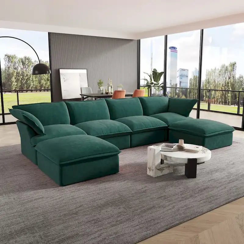 U-förmiges Samt Cloud Schnittsofa, Daunenfeder breite tiefe Sitzfläche umwandelbare Couch mit 2 Aufbewahrungs-Ottomanen.