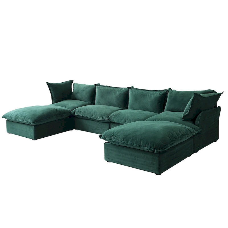 U-förmiges Samt Cloud Schnittsofa, Daunenfeder breite tiefe Sitzfläche umwandelbare Couch mit 2 Aufbewahrungs-Ottomanen.