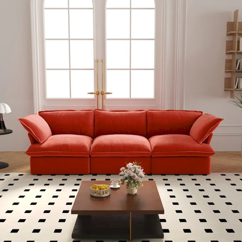 3-Sitzer Samtsofa Cloud Sectional, Daunenfeder breite tiefe Sitzfläche modulares Sofa