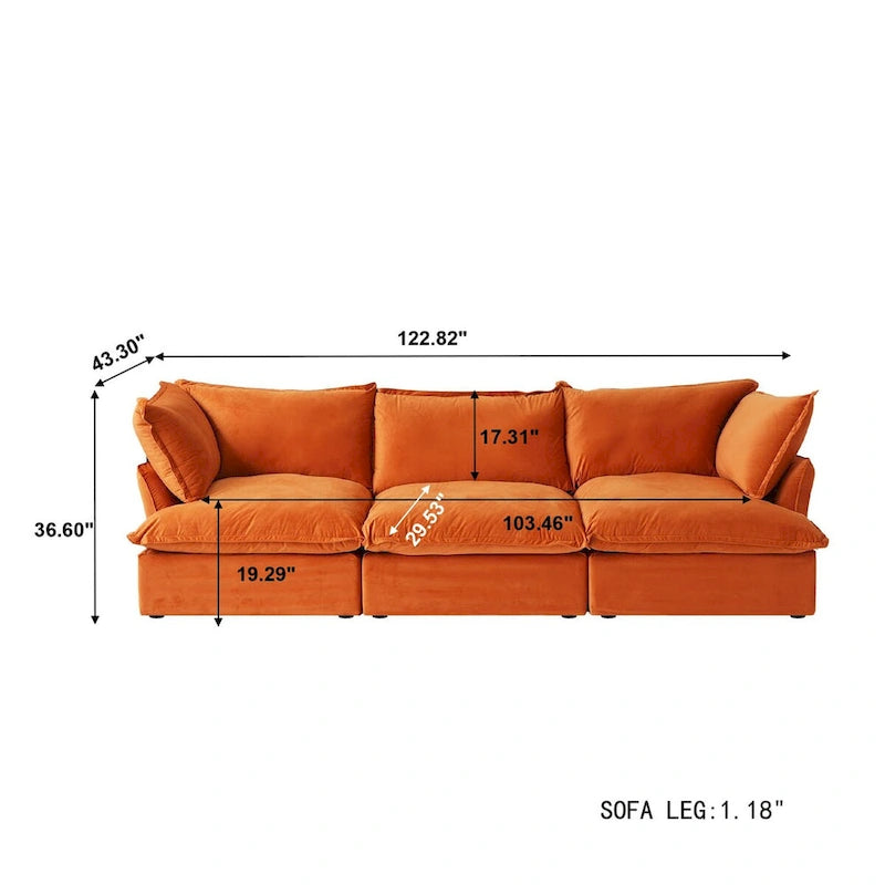 3-Sitzer Samtsofa Cloud Sectional, Daunenfeder breite tiefe Sitzfläche modulares Sofa