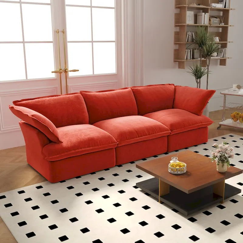 3-Sitzer Samtsofa Cloud Sectional, Daunenfeder breite tiefe Sitzfläche modulares Sofa