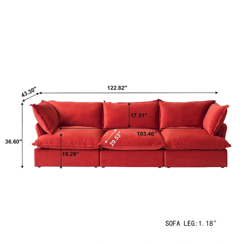 3-Sitzer Samtsofa Cloud Sectional, Daunenfeder breite tiefe Sitzfläche modulares Sofa
