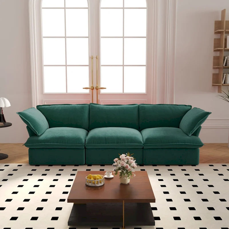3-Sitzer Samtsofa Cloud Sectional, Daunenfeder breite tiefe Sitzfläche modulares Sofa