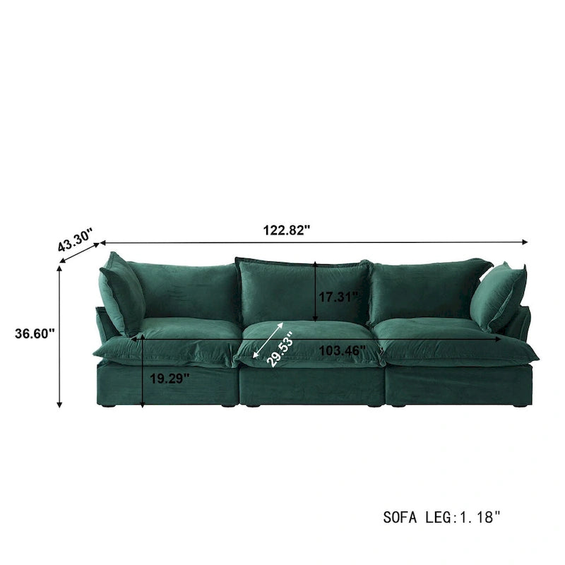 3-Sitzer Samtsofa Cloud Sectional, Daunenfeder breite tiefe Sitzfläche modulares Sofa