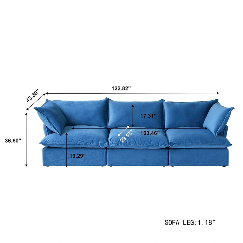 3-Sitzer Samtsofa Cloud Sectional, Daunenfeder breite tiefe Sitzfläche modulares Sofa