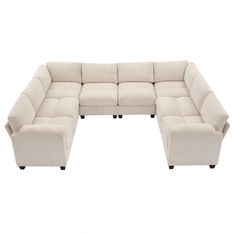 Corduroy Ecksofas mit Chaiselongue, U-förmige symmetrische modulare Couch für 8 Personen