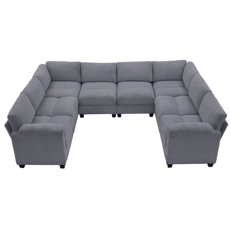 Corduroy Ecksofas mit Chaiselongue, U-förmige symmetrische modulare Couch für 8 Personen