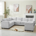 Corduroy Ecksofas mit Chaiselongue, U-förmige symmetrische modulare Couch für 8 Personen