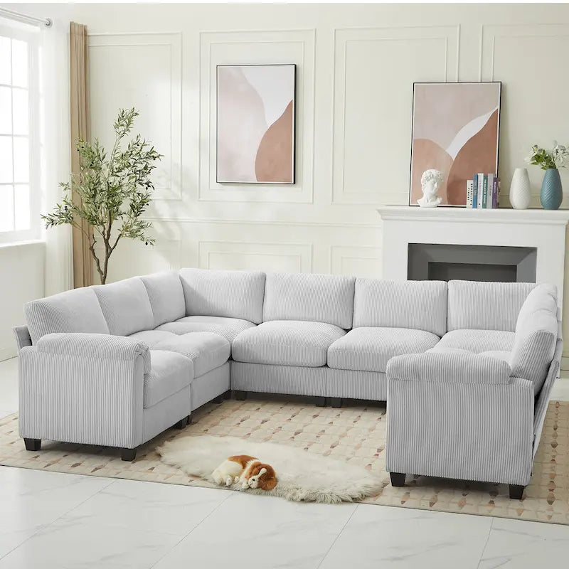 Corduroy Ecksofas mit Chaiselongue, U-förmige symmetrische modulare Couch für 8 Personen