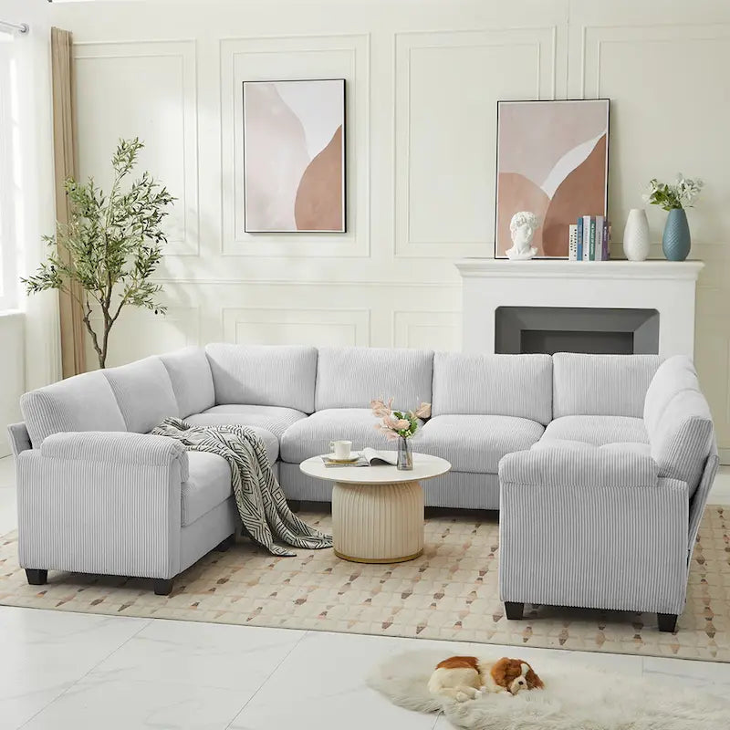 Corduroy Ecksofas mit Chaiselongue, U-förmige symmetrische modulare Couch für 8 Personen
