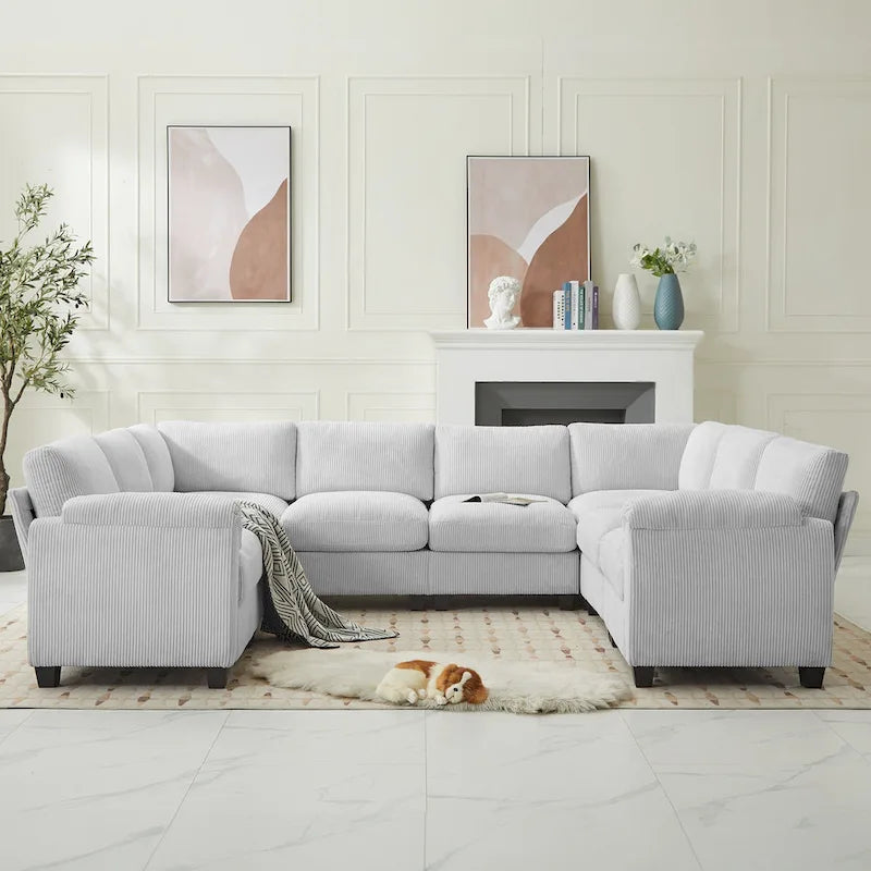 Corduroy Ecksofas mit Chaiselongue, U-förmige symmetrische modulare Couch für 8 Personen