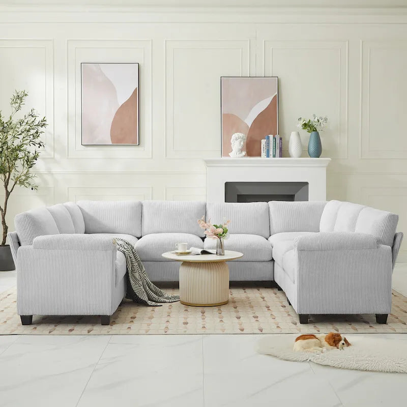Corduroy Ecksofas mit Chaiselongue, U-förmige symmetrische modulare Couch für 8 Personen