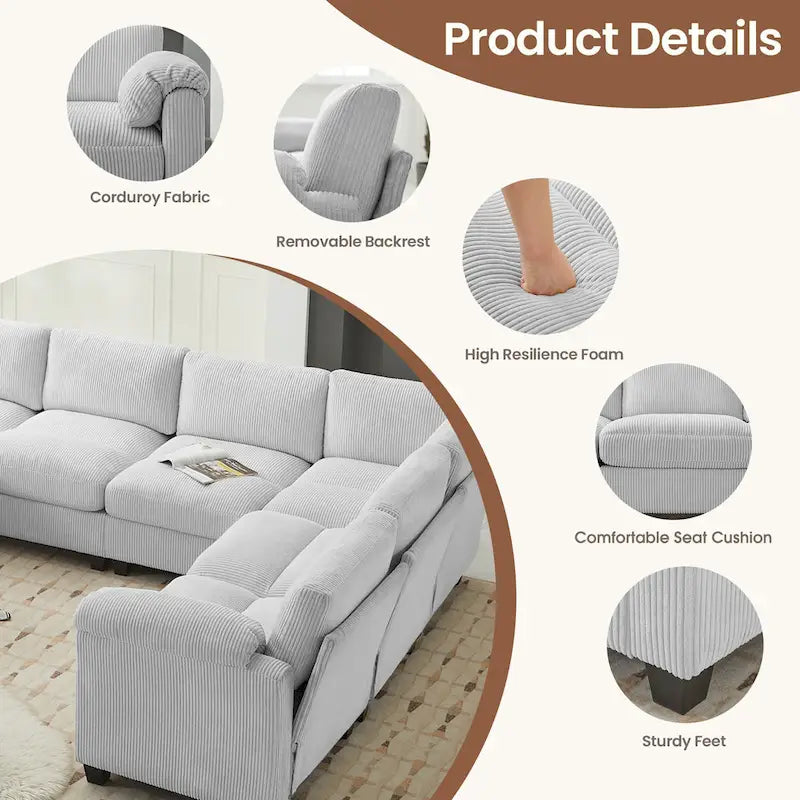 Corduroy Ecksofas mit Chaiselongue, U-förmige symmetrische modulare Couch für 8 Personen