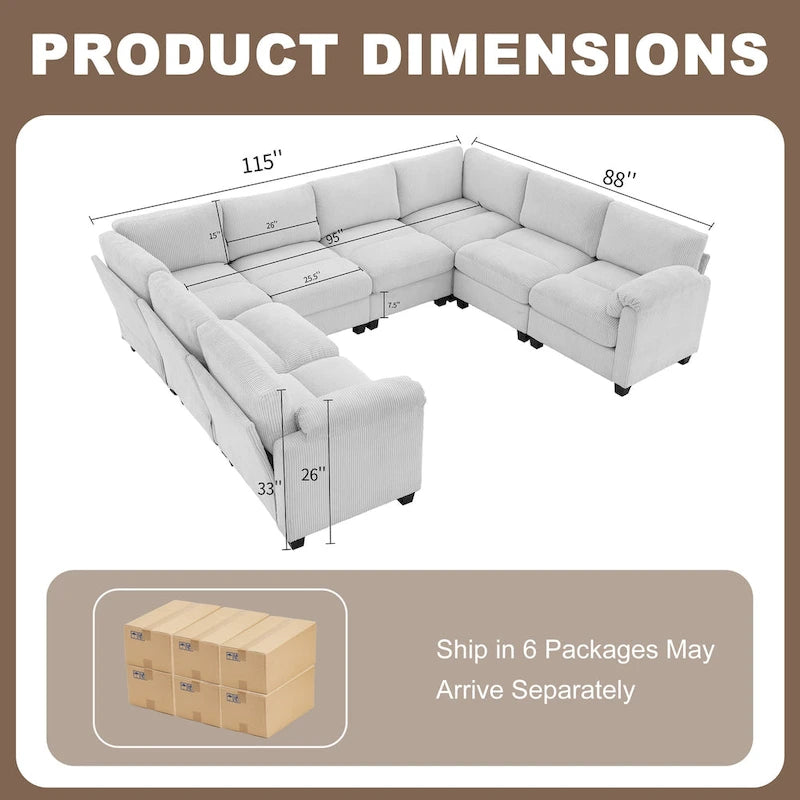 Corduroy Ecksofas mit Chaiselongue, U-förmige symmetrische modulare Couch für 8 Personen