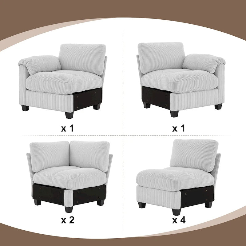 Corduroy Ecksofas mit Chaiselongue, U-förmige symmetrische modulare Couch für 8 Personen