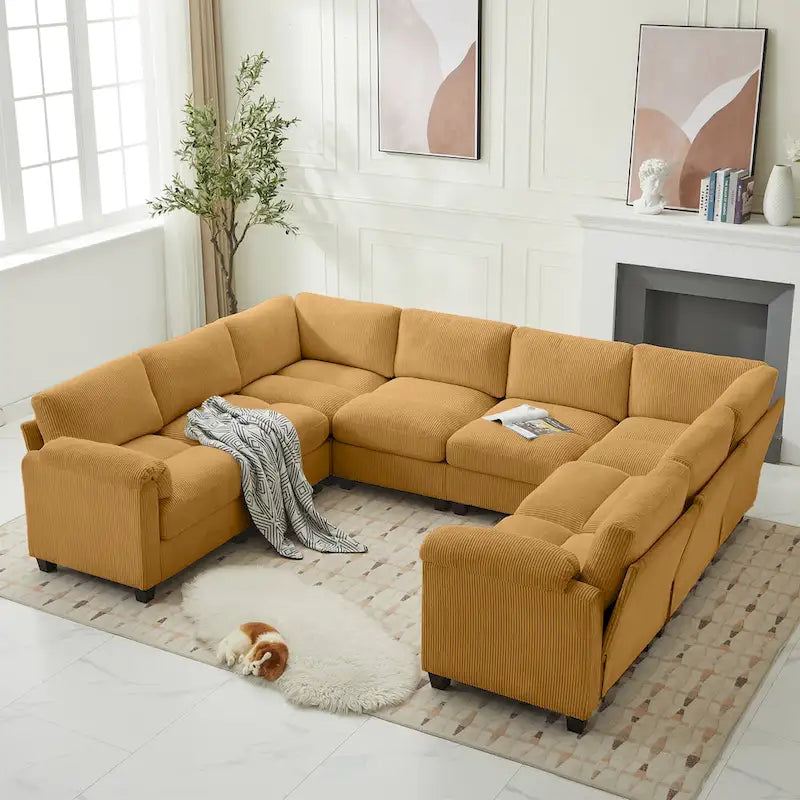 Corduroy Ecksofas mit Chaiselongue, U-förmige symmetrische modulare Couch für 8 Personen