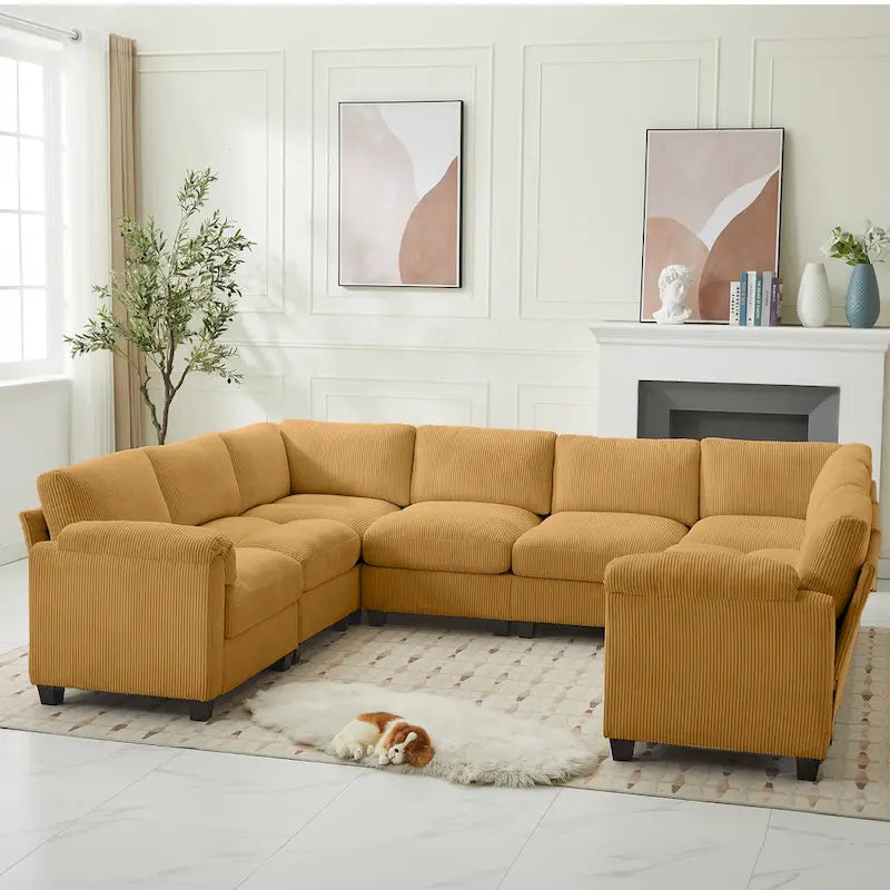 Corduroy Ecksofas mit Chaiselongue, U-förmige symmetrische modulare Couch für 8 Personen