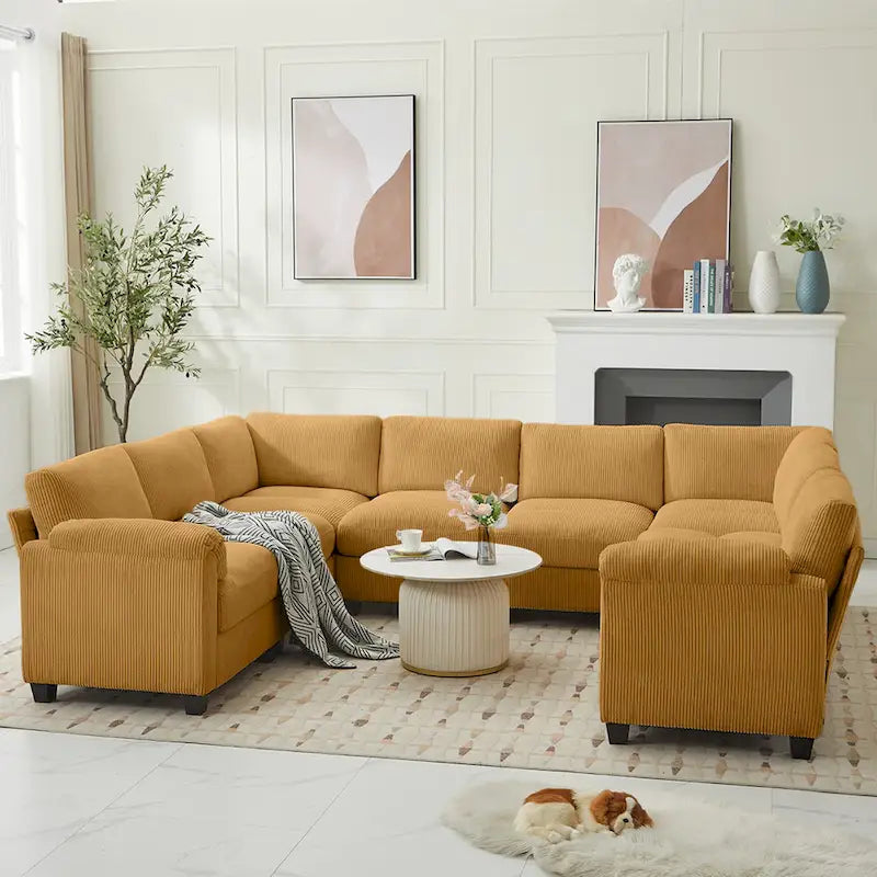 Corduroy Ecksofas mit Chaiselongue, U-förmige symmetrische modulare Couch für 8 Personen