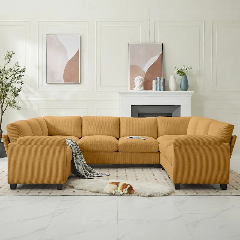 Corduroy Ecksofas mit Chaiselongue, U-förmige symmetrische modulare Couch für 8 Personen