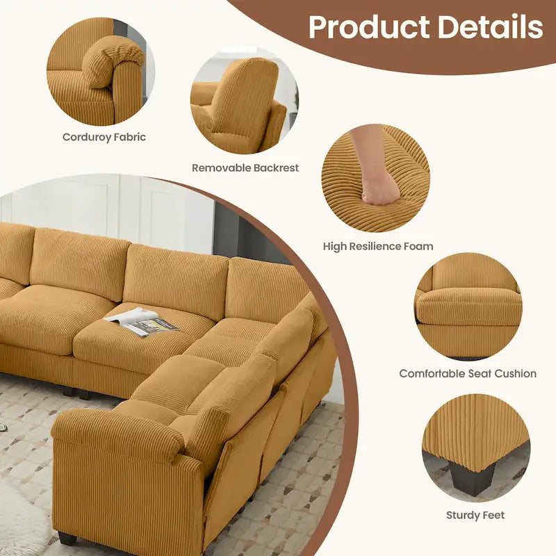 Corduroy Ecksofas mit Chaiselongue, U-förmige symmetrische modulare Couch für 8 Personen