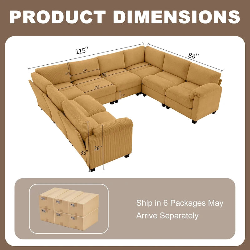 Corduroy Ecksofas mit Chaiselongue, U-förmige symmetrische modulare Couch für 8 Personen