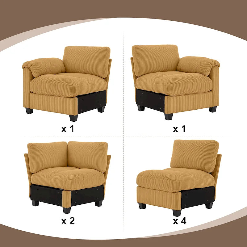 Corduroy Ecksofas mit Chaiselongue, U-förmige symmetrische modulare Couch für 8 Personen