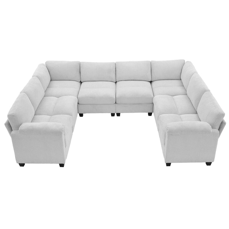 Corduroy Ecksofas mit Chaiselongue, U-förmige symmetrische modulare Couch für 8 Personen