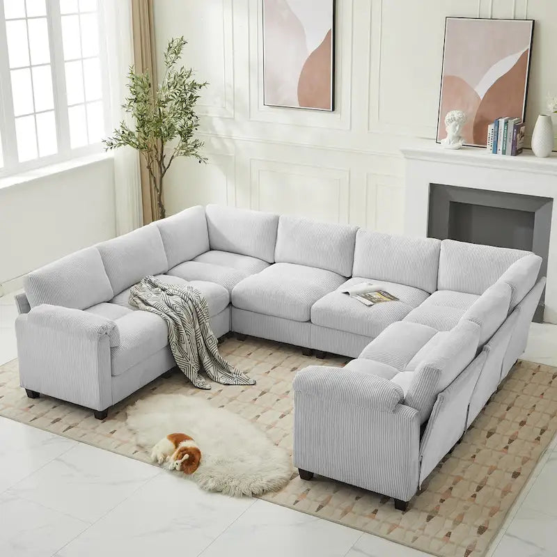 Corduroy Ecksofas mit Chaiselongue, U-förmige symmetrische modulare Couch für 8 Personen
