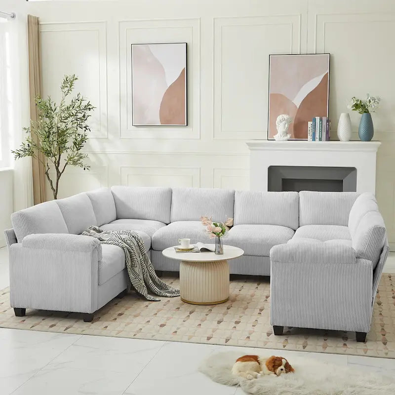 Corduroy Ecksofas mit Chaiselongue, U-förmige symmetrische modulare Couch für 8 Personen