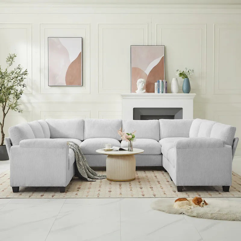 Corduroy Ecksofas mit Chaiselongue, U-förmige symmetrische modulare Couch für 8 Personen