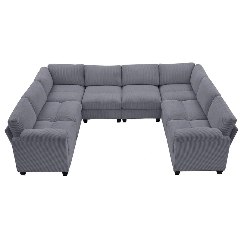 Corduroy Ecksofas mit Chaiselongue, U-förmige symmetrische modulare Couch für 8 Personen