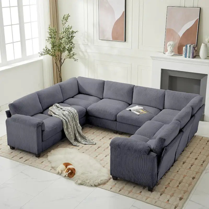 Corduroy Ecksofas mit Chaiselongue, U-förmige symmetrische modulare Couch für 8 Personen