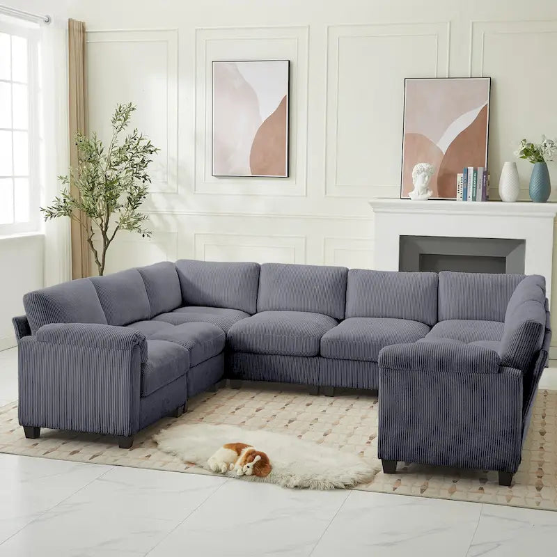 Corduroy Ecksofas mit Chaiselongue, U-förmige symmetrische modulare Couch für 8 Personen