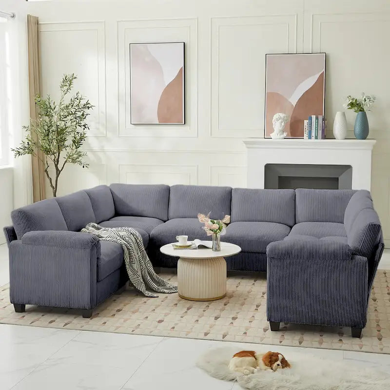 Corduroy Ecksofas mit Chaiselongue, U-förmige symmetrische modulare Couch für 8 Personen