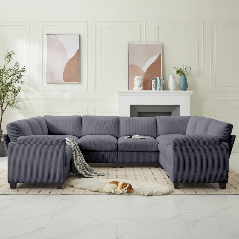 Corduroy Ecksofas mit Chaiselongue, U-förmige symmetrische modulare Couch für 8 Personen