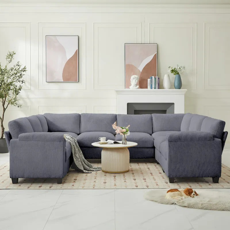 Corduroy Ecksofas mit Chaiselongue, U-förmige symmetrische modulare Couch für 8 Personen