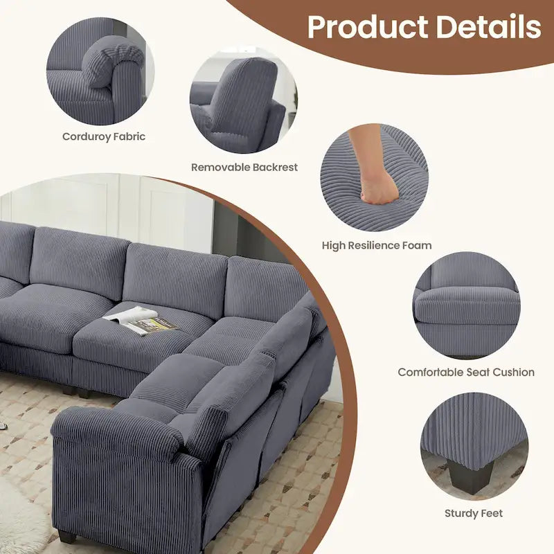 Corduroy Ecksofas mit Chaiselongue, U-förmige symmetrische modulare Couch für 8 Personen
