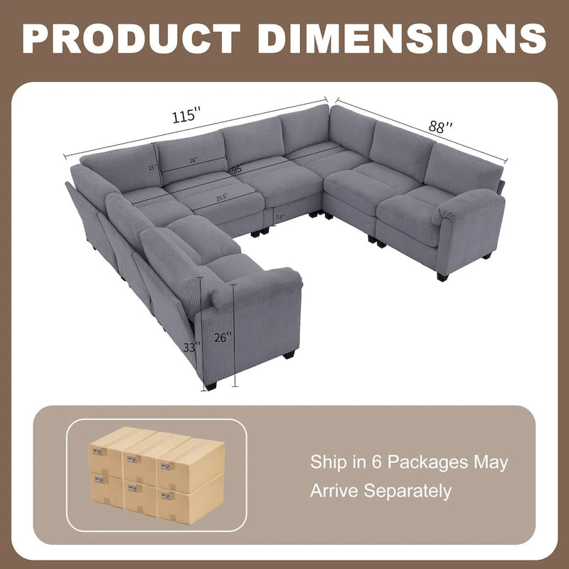 Corduroy Ecksofas mit Chaiselongue, U-förmige symmetrische modulare Couch für 8 Personen