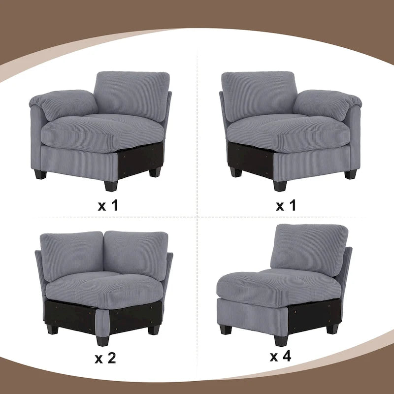 Corduroy Ecksofas mit Chaiselongue, U-förmige symmetrische modulare Couch für 8 Personen