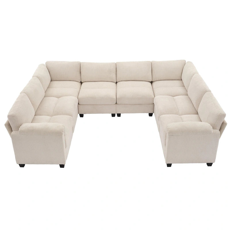 Corduroy Ecksofas mit Chaiselongue, U-förmige symmetrische modulare Couch für 8 Personen
