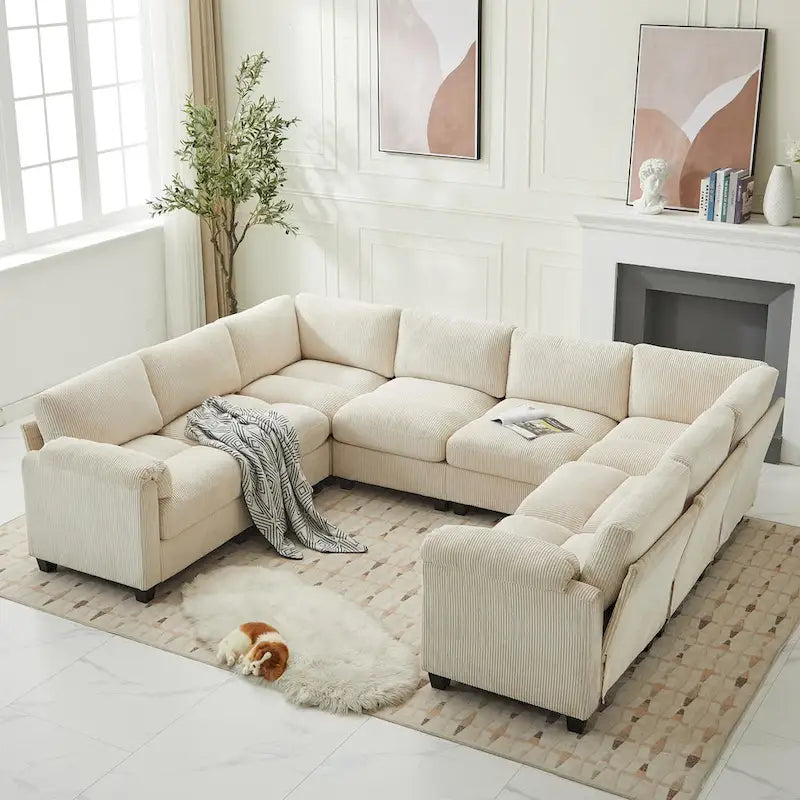 Corduroy Ecksofas mit Chaiselongue, U-förmige symmetrische modulare Couch für 8 Personen