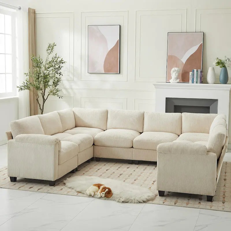 Corduroy Ecksofas mit Chaiselongue, U-förmige symmetrische modulare Couch für 8 Personen
