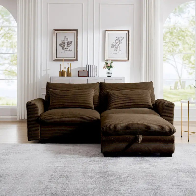 Sofa mit Ottomane, bequeme Cord-Couch mit Kissen und runden Armlehnen, Cord-Schlafsofa mit tiefer Sitzfläche und Stauraum-Ottomane