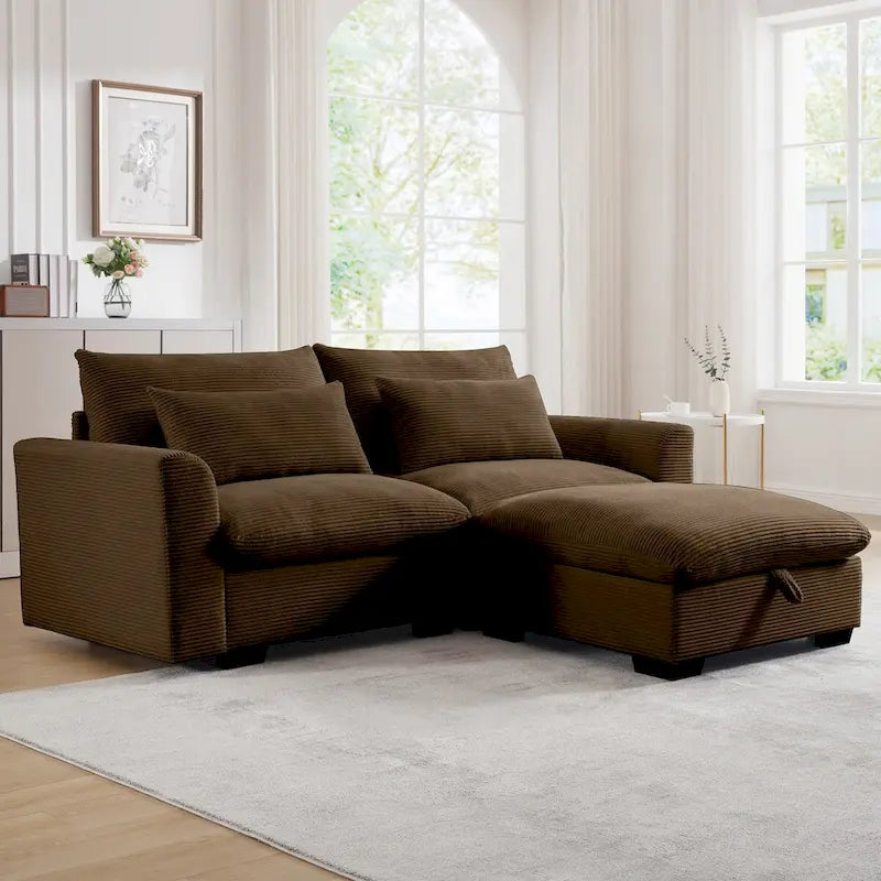 Sofa mit Ottomane, bequeme Cord-Couch mit Kissen und runden Armlehnen, Cord-Schlafsofa mit tiefer Sitzfläche und Stauraum-Ottomane