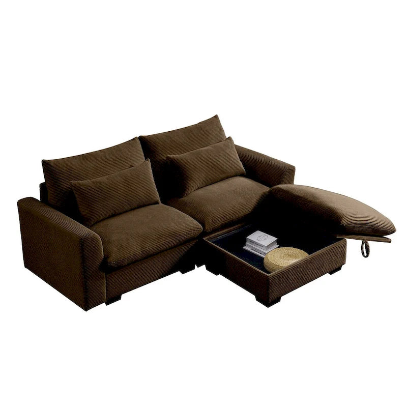Sofa mit Ottomane, bequeme Cord-Couch mit Kissen und runden Armlehnen, Cord-Schlafsofa mit tiefer Sitzfläche und Stauraum-Ottomane
