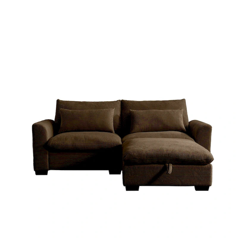 Sofa mit Ottomane, bequeme Cord-Couch mit Kissen und runden Armlehnen, Cord-Schlafsofa mit tiefer Sitzfläche und Stauraum-Ottomane